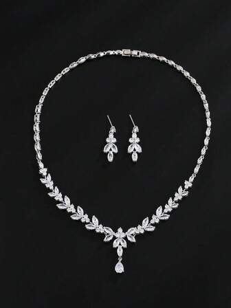 2入組奢華銅和方晶鋯石鑲嵌女士銀項鍊和耳環套裝,合適適合派對婚禮禮品