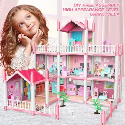Children's Princess Castle Villa Playset, DIY Assembly Dollhouse Toy Gift For Girls