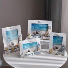 1Pc Seaside Nautical Style Photo Frame – Beach Shell Wood Picture Frame Decoration For Tabletop Or Shelf Display – Coastal Ocean Theme Wooden Ornament For Living Room Bedroom Office