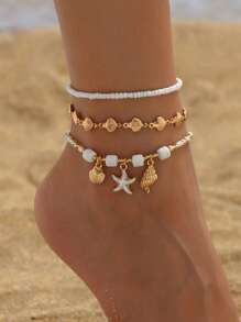 3 Stücke/Set Sommer Ozean Stil Soft Clay & Perlen Metall Seestern, Muschel & Konchenkette Fußkette, Mode goldene Muschel Kette handgemachter Fußschmuck, geeignet für tägliche Outfit Dekoration, Strand Urlaub Outfit