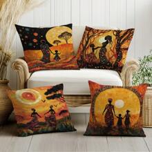 4pcs African Art Sunset Life African Women Printed Throw Pillow Covers [No Pillow Insert], 17.7*17.7in(45*45cm), [Single-Sided Printing] Farmhouse Rural Landscape Polyester Decorative Cushion Covers, For Sofa, Bed, Living Room, Bedroom, Car, Office, Hotel Decor, All Seasons Perfect Gift For Family & Friends