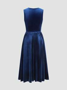 Women's Elegant Stretchy Velvet Deep V-Neck Sleeveless Ruffle Midi A-Line Dress, For Daily, Date, Party, Club