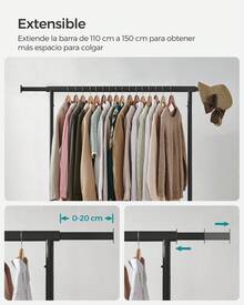 Feandrea Burro Ropa con Ruedas, Perchero Burro Extensible con Carga Pesada, Capacidad de Carga de 130 kg, 45 x (110-150) x 162,9 cm, Fácil de Montar, Portátil, Negro Mate, Vuelta al Cole - Negro - Ver 6