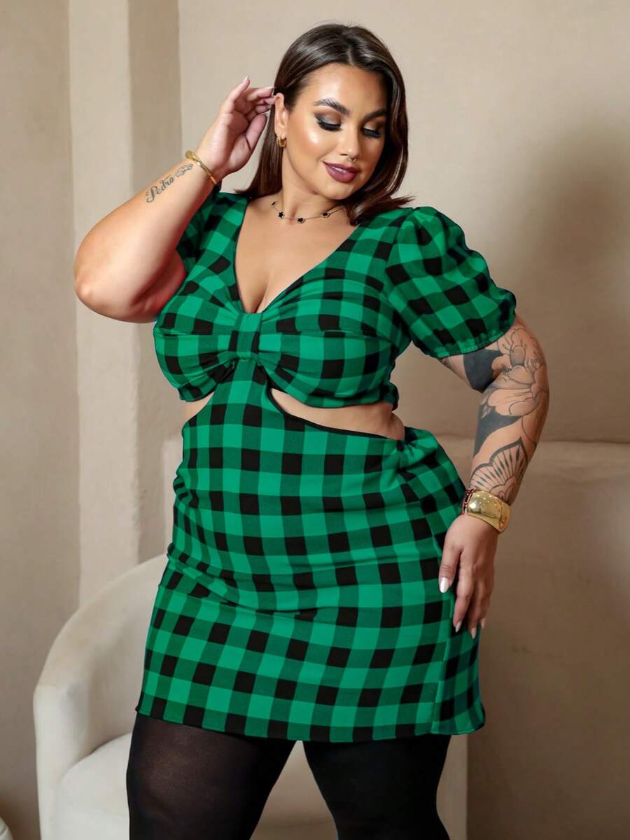 PLUS SIZE CHECKED DRESS FOR JUNE PARTY DUNE FABRIC SHORT SLEEVES SIZES G1 G2 - Verde - Ver 1