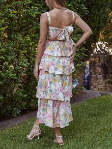 Women Summer Spaghetti Strap Tiered Ruffle Dress Casual Sleeveless Floral Layered Maxi Dress For Women Beach Sundress - 紫色 - 查看 6