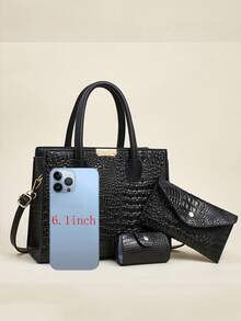 3pcs Set Elegant Crocodile Pattern Fashion Handbag, Multifunction Large Capacity Crossbody Bag, Stylish Design, New Fashion Women Small Square Bag Handbag Crossbody Bag Versatile Casual Multilayer Large Capacity Shoulder Messenger Bag Suitable For Valentine's Day Gift, Outings, Travel, Shopping Mall - Black - View 4