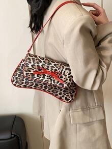 This New Shoulder Bag Features A Simple And Stylish Design, Decorated With A Leopard Print Pattern And Striking Color Contrast. It Has A Foldable Design, Allowing It To Be Used As Both A Clutch And A Shoulder Bag. It Is Perfect For Daily Outings, Shopping, Office, Parties, Vacations, And Short Trips. Its Burgundy Color Is Very Versatile. - Red - View 2