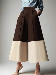 Pantalones de cintura regular con bolsillos y contraste de color para mujer, de tela de poliéster, lavables a máquina - Marrón - Ver 7