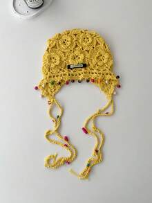 1 件女式手工钩针镂空透气头巾帽，艺术乡村复古风格针织花流苏无檐帽，波西米亚头带帽带耳罩，春夏