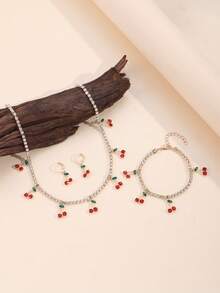 4pcs Women's Elegant Everyday Versatile Crystal & Cherry Pendant Necklace, Bracelet, Earring Jewelry Set - Multicolor - View 2