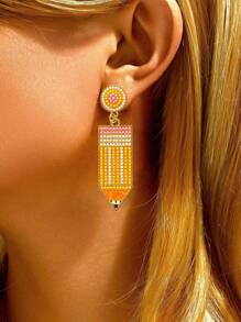 2 pares de aretes de lápiz con borlas y cuentas estilo bohemio, aretes de estilo universitario para maestros, estudiantes, de regreso a clases, regalo de graduación