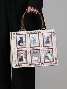 2025 High-End Fashion Summer New Women Handbag, Niche Design Tarot Card Diamond Tote Bag, Large Capacity Y2K Cute Cat Bag, Unique Handmade Embroidery Beaded Briefcase, Retro One Shoulder Tote Bag - Multicolor - View 3