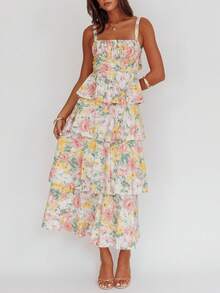 Women Summer Spaghetti Strap Tiered Ruffle Dress Casual Sleeveless Floral Layered Maxi Dress For Women Beach Sundress - 紫色 - 查看 1