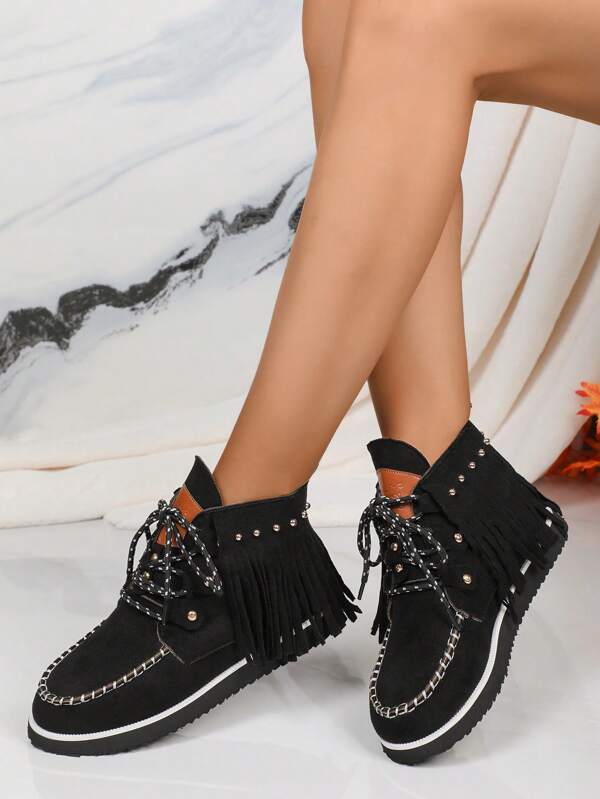 Women's Outdoor Sports Bare Ankle & Short Boots, Solid Color Blue With Tassel Decoration, Lace-Up, Lightweight Flat Casual Shoes, Handmade Stitching, Wide-Fit, Fashion, Leisure Sports, Suitable For Party, Office, Home, Gym, Spring, Autumn, Spring-Summer, All Seasons