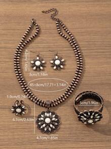 4 Stücke/Set Retro Europäischer & Amerikanischer Stil Boho Sonnenblumen Design Zinklegierung Vintage Kupfer Türkis Perlen Halskette, Ohrringe, Ring, Armband Set, geeignet für Kleidungskombination, Alltagstragen, Partys, Feiertage