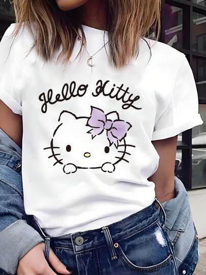 Sanrio ملابس علوية قصير الأكمام طباعة كرتونية لكيتي حلو للنساء قطعة واحدة، قمصان منزلية مريحة مناسبة للربيع والصيف والخريف