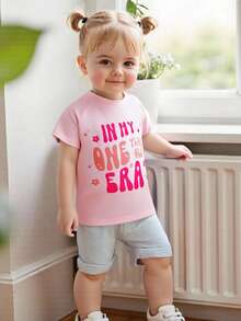 Baby Girl 1st Birthday Outfit Letter Print Short Sleeve Round Neck Tops With Solid Color Shorts 2Pcs Set - 粉色 - 查看 3