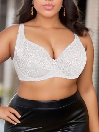 大码女士纯色文胸，超薄蕾丝性感钢圈文胸，法式优雅全罩杯支撑文胸