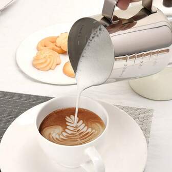 1 pieza Taza de acero inoxidable para café o latte con escala de medición, jarra de leche gruesa, utensilios para espumar leche, útiles escolares