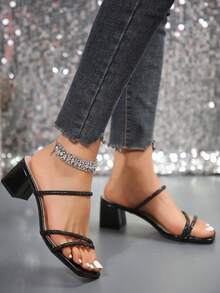 Fairy Style Square Toe Thick Heel Sandals For Women, Fashion Buckle Straps Rhinestone High Heels, Suitable For Dating, Shopping, Party, Meeting, Business Commute In Summer & Autumn - Black - View 4