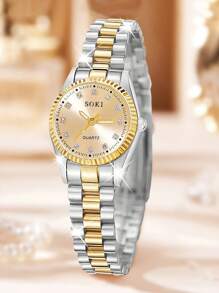 SOKI SOKI 6Pcs/Set Ladies Watch Women's Golden-Tone Alloy Bracelet Watch With Gorgeous Full Rhinestone Dial Quartz Wristwatch And Bangle Set Suitable For Daily Wear, Back-To-School Season, Graduation Season, Thanksgiving, Couples, The Best Gifts