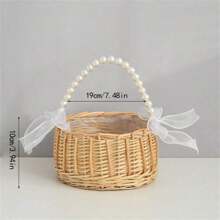 1 pezzo Elegante cestino portafiori in vimini per damigella d'onore con maniglie in perle e fiocchi di nastro - Cestino da matrimonio in rattan marrone realizzato a mano, ideale per le damigelle d'onore