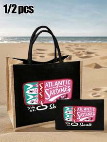 多功能手提包和化妆包，采用沙丁鱼字母图案和帆船图案设计，撞色亚麻零钱包，附赠黑色多用途收纳袋，可用作购物袋、手提包、化妆包，带衬里。