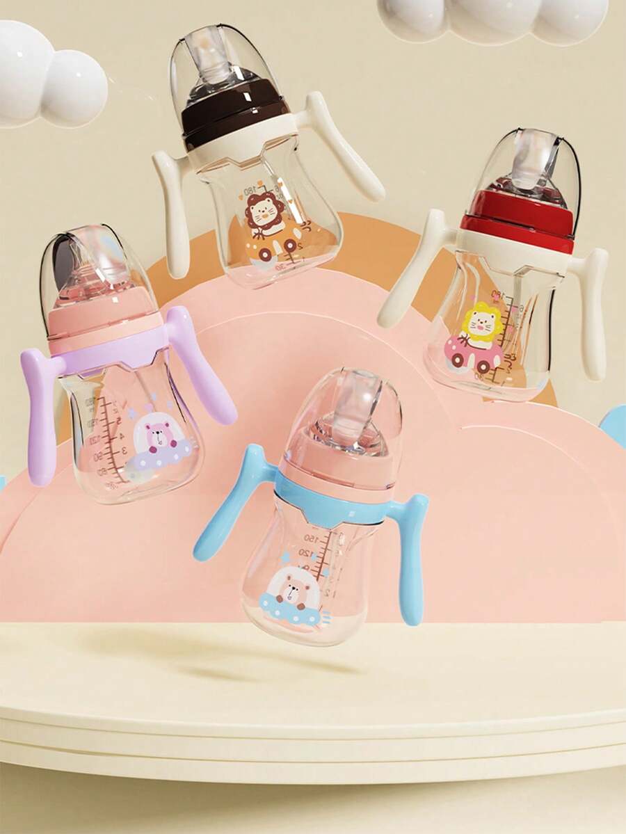 1pc Baby Wide-Mouth Bottle With Straw Handle, PP Cartoon Blue & Red Feeding Cup - Multicolor - View 1