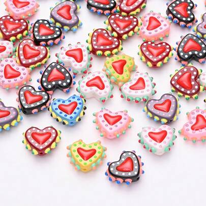 Set de 3 cuentas de vidrio con puntos y diseño de corazón de dopamina pintadas a mano, componentes de joyería DIY hechos a mano para hacer pulseras y collares