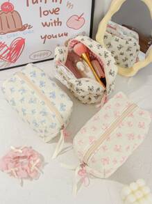 1Piece Quilted Handle Makeup Bag Small Quilted Cosmetic Bag Cute Bow Design Makeup Pouch Makeup Bag Aesthetic Travel Toiletry Bag Organizer Makeup Brushes Storage Bag For Women Bow Pencil Case For Makeup Pouch Skincare Bag Bag For School School Accessories School Stuff
