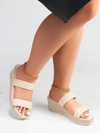 大码休闲亚麻绳厚底时尚女式一脚蹬凉鞋，米色，优雅百搭，舒适（建议订购大一码）