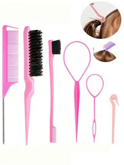 Set de 6 piezas de herramientas para peinar el cabello - Cepillo esponjador, Peine de cola de rata, Cepillo para el borde y Herramientas de lazos de cabello para trenzar, seccionar y hacer peinados DIY