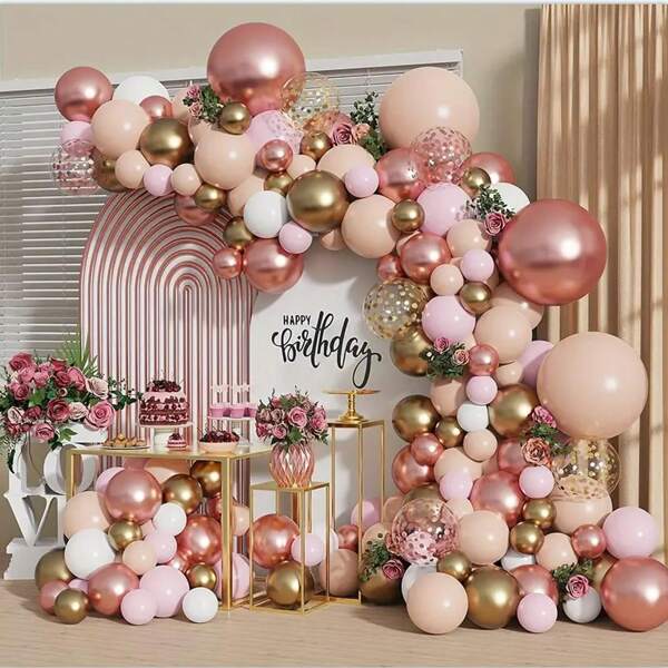 Kit de 102 piezas para guirnalda de globos en color dorado rosa, que incluye globos en tonos nude, rosa claro, dorado metálico, blanco mate, confeti dorado y rosa dorado, adecuado para bodas, duchas nupciales, fiestas de princesas, cumpleaños de niñas y decoraciones de baby shower