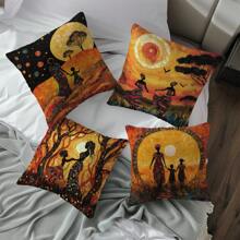 4pcs African Art Sunset Life African Women Printed Throw Pillow Covers [No Pillow Insert], 17.7*17.7in(45*45cm), [Single-Sided Printing] Farmhouse Rural Landscape Polyester Decorative Cushion Covers, For Sofa, Bed, Living Room, Bedroom, Car, Office, Hotel Decor, All Seasons Perfect Gift For Family & Friends
