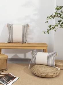 1 pieza/2 piezas Fundas de cojín con estampado de rayas grises y blancas, de tela de lona de algodón, con diseño de flecos en las cuatro esquinas, efecto bicolor, estilo nórdico para sala de estar, sofá, dormitorio, 30*50cm, 45*45cm