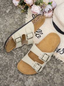 Sandalias de mujer de moda y cómodas - Diseño suave, ligero, de hebilla doble, plano, deslizante, transpirable, adecuado para playa de verano, vacaciones y uso diario