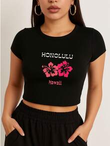 Top Corto de Manga Corta y Ajuste Delgado para Mujer con diseño de Flores Hawaii Cuello Redondo, Mezcla Elástica de Poliéster, Estilo Casual y Sexy para Primavera/Verano, Camisetas para Damas - Negro - Ver 1