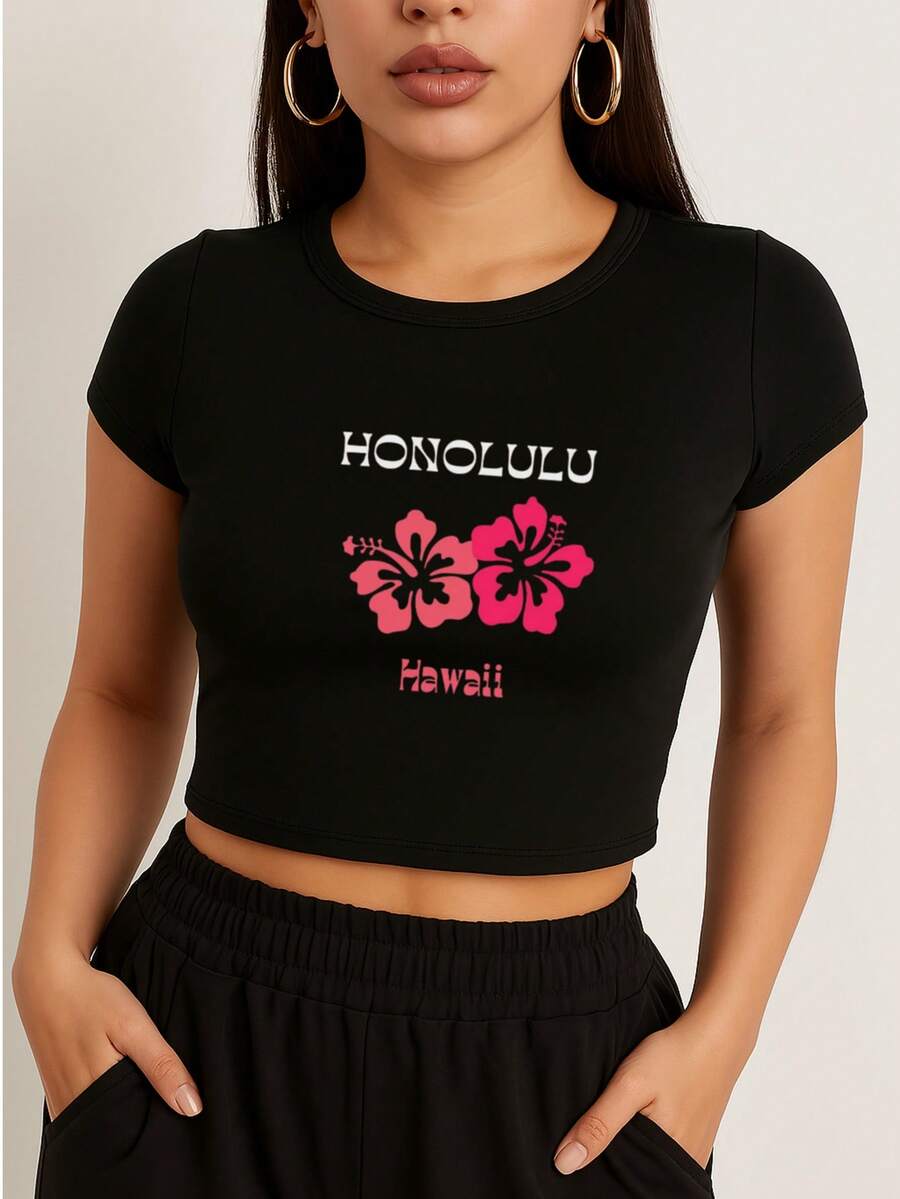 Top Corto de Manga Corta y Ajuste Delgado para Mujer con diseño de Flores Hawaii Cuello Redondo, Mezcla Elástica de Poliéster, Estilo Casual y Sexy para Primavera/Verano, Camisetas para Damas - Negro - Ver 1