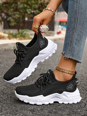 Women's Casual Sports Shoes, Lightweight Running Sneakers, Breathable Lace-Up Outdoor Tennis Training Shoes, Solid Color & Striped Running Shoes