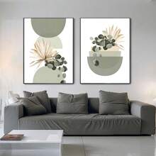 3pcs Bohemian Wall Arts Abstract Beige & Green Plant Eucalyptus Geometric Wall Art Posters, Green Medieval Modern Botanical Bohemian Wall Decor, Ideal Gift For Bedroom, Living Room, Hallway, Mint Green Geometric. Optional Frame