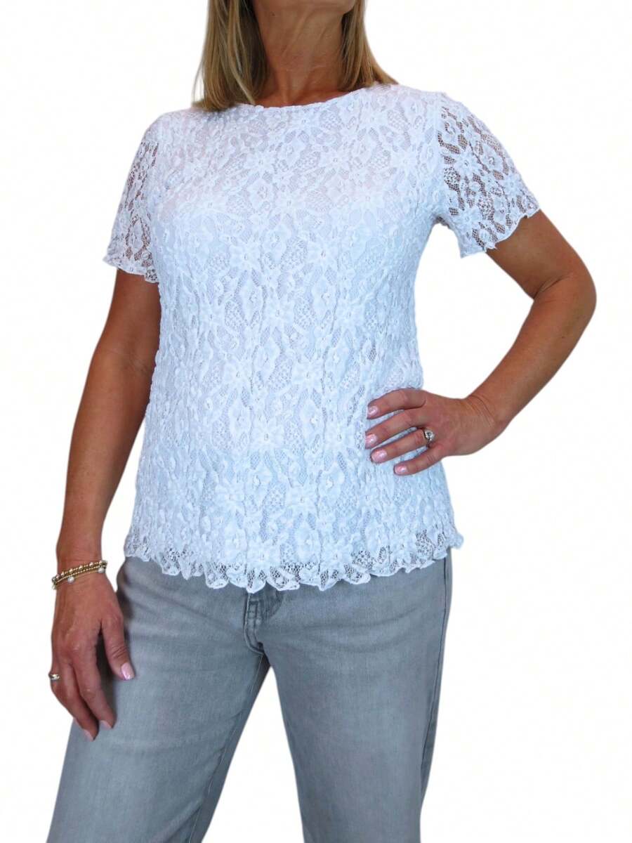 Paulo Due Women's Short Sleeve Stretch Crochet Lace Top - White - View 1