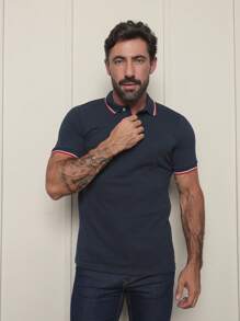 Camisa Polo Masculina Sky Surf Manga Curta Lisa Gola com Botão Camiseta Azul CK