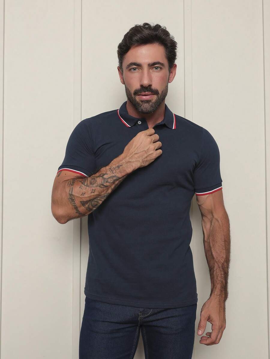 Camisa Polo Masculina Sky Surf Manga Curta Lisa Gola com Botão Camiseta Azul CK