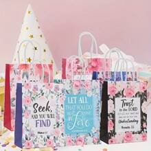 Reusable Gift Bag With Bible Verse And Floral Design, Christian Baptism Handle Paper Gift Bag For Women, Wedding, Birthday Present Packaging