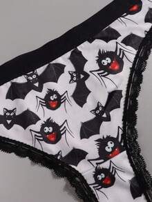 Dircho 6pcs Sexy Cute Gothic Contrast Lace Thongs, Halloween Orange Black Eyeballs & Skulls & Stars & Bats & Spiders Allover Print Comfy Intimates Panties, Women's Underwear & Lingerie - Multicolor - View 4