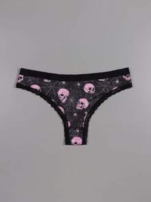 Dircho 6pcs Sexy Cute Gothic Contrast Lace Thongs, Halloween Orange Black Eyeballs & Skulls & Stars & Bats & Spiders Allover Print Comfy Intimates Panties, Women's Underwear & Lingerie - Multicolor - View 7