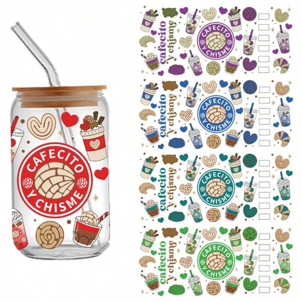 Set van 5 stuks met koffie-, cake- en melkthee-thema's, 10,9 x 24,1 cm, UV DTF-warmteoverdrachtstickers, cartoonpatronen, waterdichte en krasbestendige 3D-vinylfoliestickers, geschikt voor 473 ml glazen bekers, mok, knutselspullen, meubels - hoogwaardige stickers, doe-het-zelf kristalkunstdecoratie, huwelijksbedankjes
