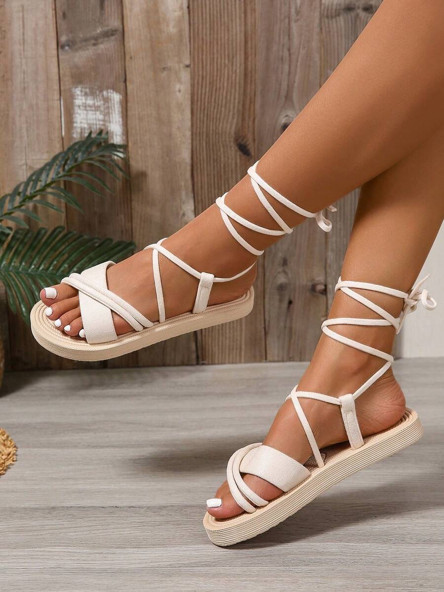 Women's Simple & Fashionable White Flat Roman Sandals, Comfortable Non-Slip Linen Sole, Suitable For Resort, Hawaii Beach, Summer - Beige - View 1