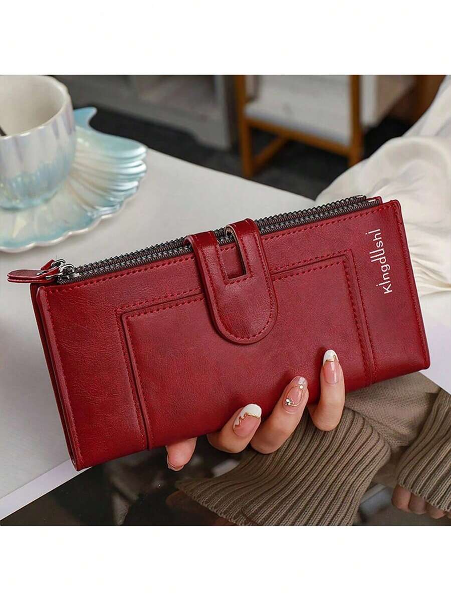 Double Zipper Long Wallet, Foldable PU Leather Coin Purse With Multiple Card Slots, Clutch Handbag With Bi-Fold Zipper And Flat Pattern, Multi-Card Position Coin Purse Small Bag (All Prints And Letters Are Random) - Red - View 1