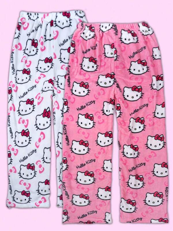 Sanrio Dos piezas para mujer, Nuevo Pantalón de pijama de franela gruesa Otoño/Invierno, Pantalón holgado y casual con estampado KT encantador para usar en casa, Elegante para llevar con pantalones